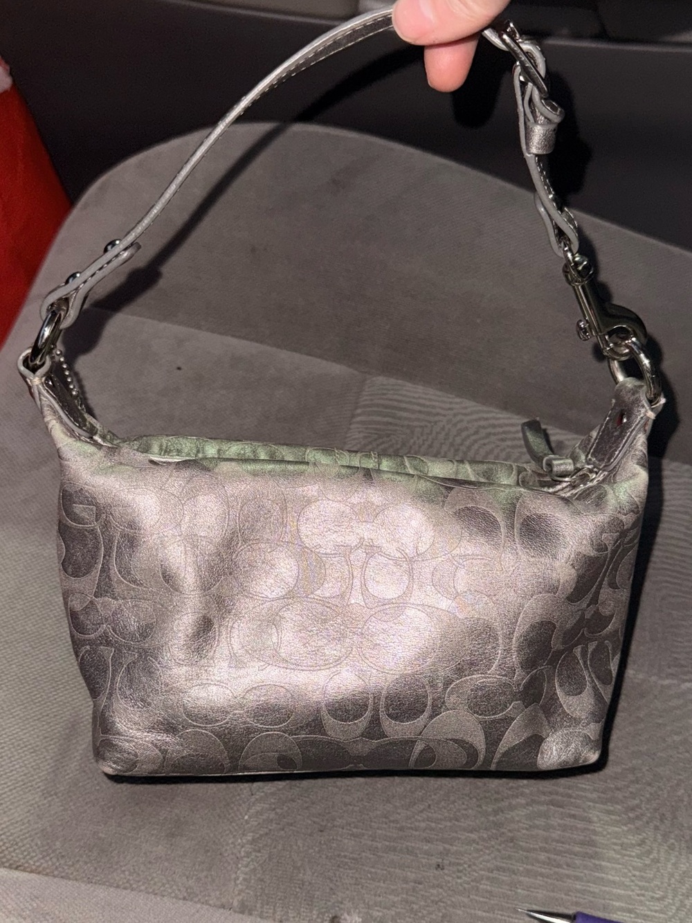 Vintage Y2K Coach Metallic Silver Signature Baguette Mini Hobo Bag